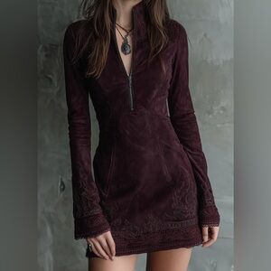 Faux Suede Vintage Long Sleeve Burgundy Dress